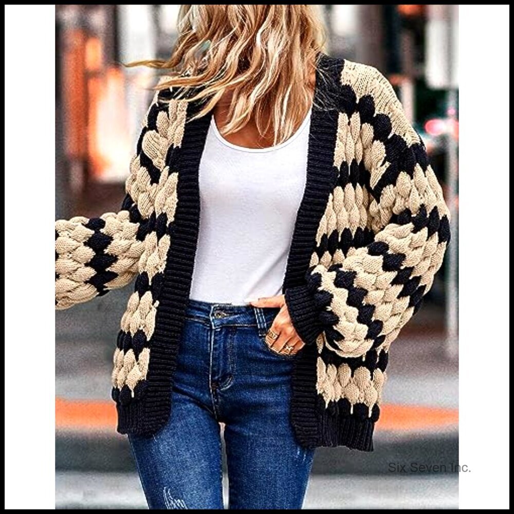 Chunky Cable Knit Cardigan Oversized Lantern Sleeve Open Front Cozy Winter - Picture 5 of 7